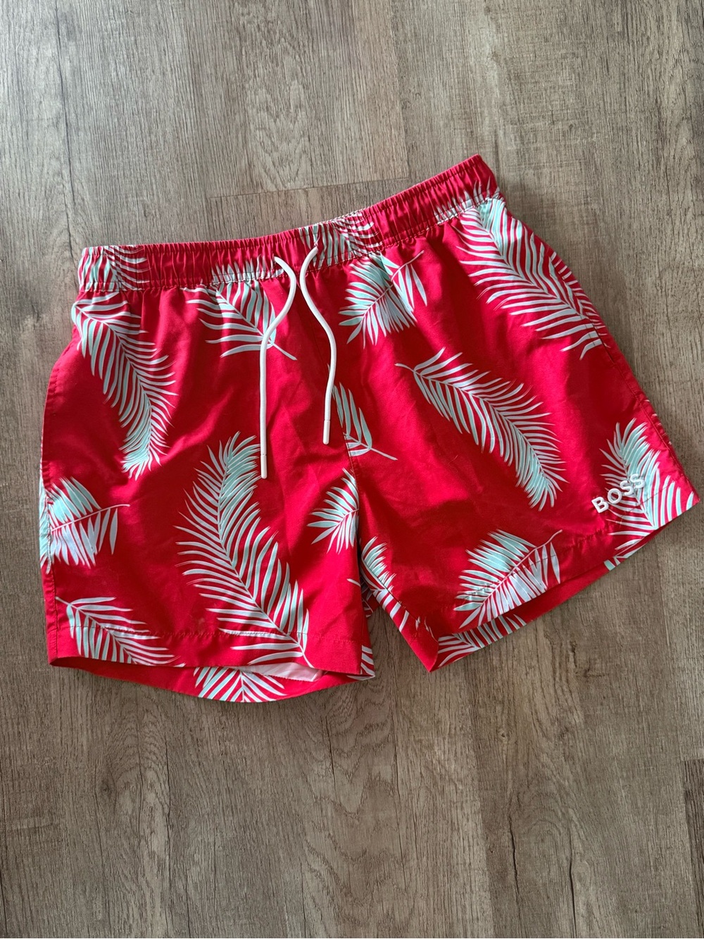 BOSS Red Swim Shorts with White Palm Print